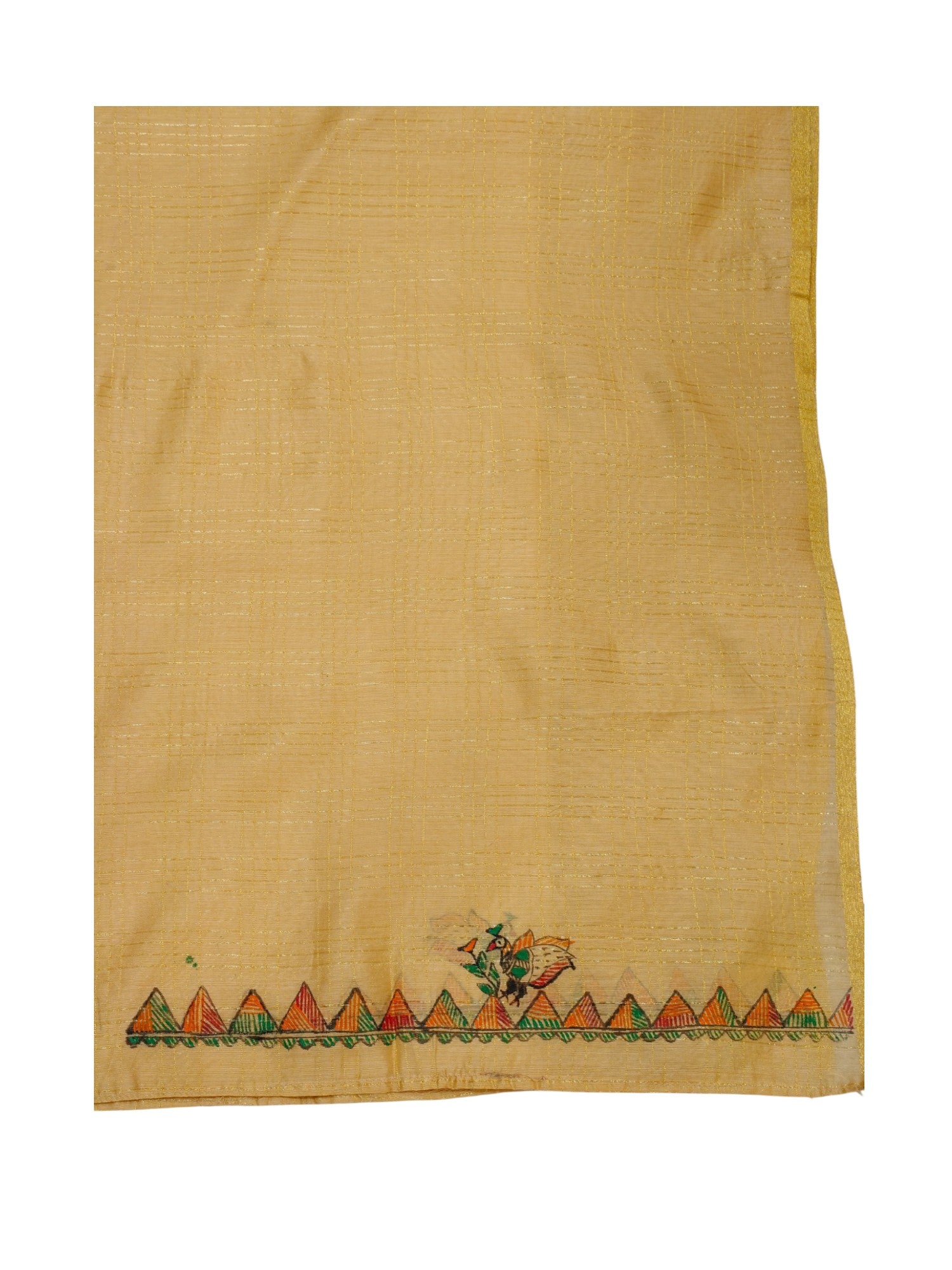 Hand-Painted Madhubani Unstitched Kurti on Chanderi with Zari Checks – Gold